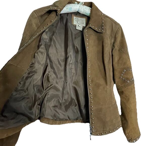 Vintage Cripple Creek Studded Suede Leather Jacket Cross Design Brown Size Small - Picture 9 of 9
